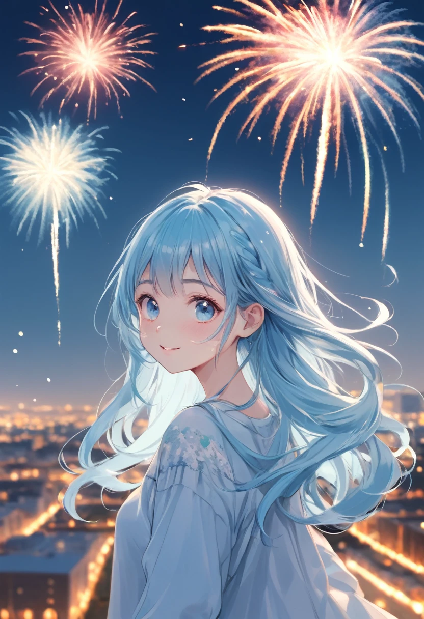masterpiece, best quality, extremely detailed, (illustration, official art:1.1), 1 girl ,(((( light blue long hair)))), ,(((( light blue long hair)))),light blue hair, , long hair ((blush)) , cute face, big eyes, masterpiece, best quality,(((((a very delicate and beautiful girl))))),Amazing,beautiful detailed eyes,blunt bangs((((little delicate girl)))),tareme(true beautiful:1.2), sense of depth,dynamic angle,,,, affectionate smile, (true beautiful:1.2),,(tiny 1girl model:1.2),)(flat chest) ,((Fireworks display seen from a higher place:1.5)),(Lots of 10-shakudama fireworks fill the sky:1.53),Fireworks display beyond imagination,innocent smiles,Girl in the sky,Never seen,Seven colors,(1girl in),(Cute smile),(The clothes are intricate dresses with a white base:1.4),(Lots of light particles spin around the girl) ,(Best Impact:1.5), (maximalism:1.7),,Vivid contrast, (Realistic),,hyperrealistic illustrations,,hight resolution,,ultra-detailliert,,absurderes,(Fractal Art:1.3),Braided hairstyle,Gradient long hair,FULL BODYSHOT,Photographing the sky from below,Precise focus,randome pose,cinema4d,Drama