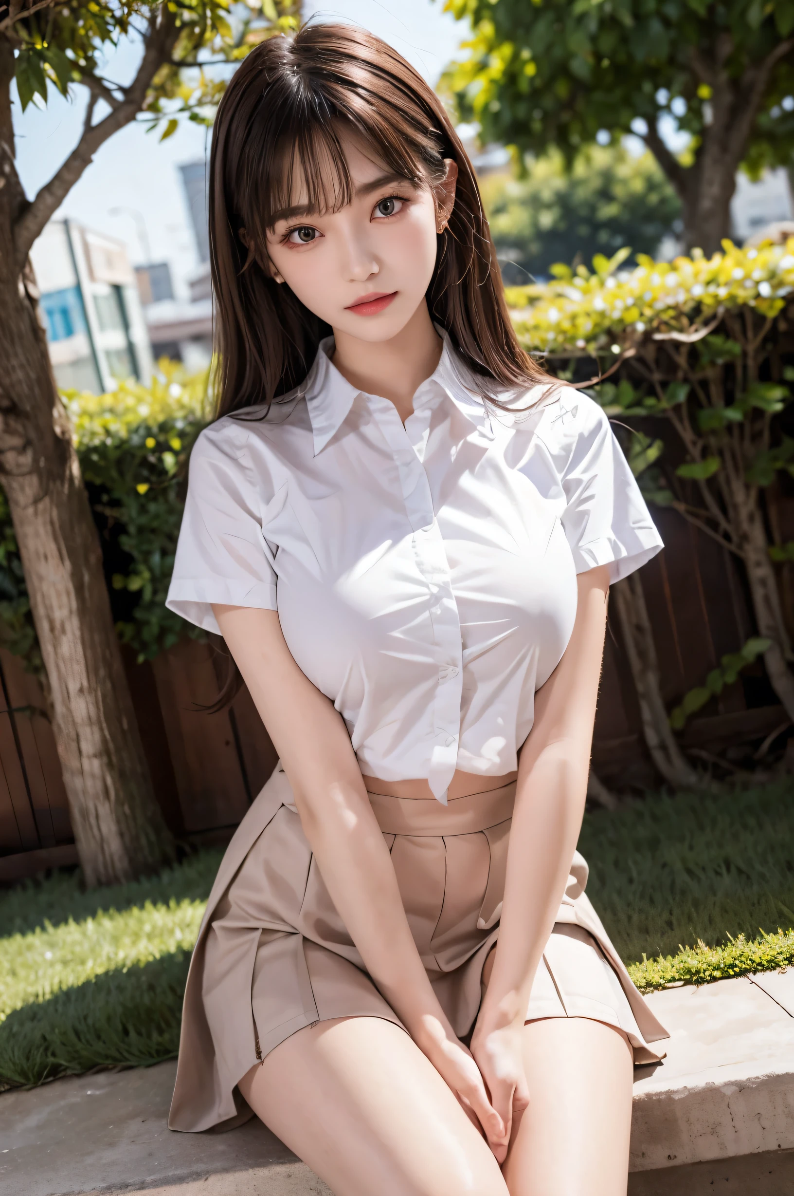 (ultra HD), (School uniform with short sleeves, White collared shirt, Navy Blue Skirt), (Big Breasts:1.5), (The cleavage is visible), Slender, whole body, (Clean and shiny skin, Whitening, No makeup), (超Slenderな顔立ち, Super beautiful face, Delicate face), (long hair, Layered Cut, Fluffy hair,light brown), (Patchy double eyelids, Slanted Eyes), Small Nose, Thin lips, Thin legs, Schoolyard, sunset