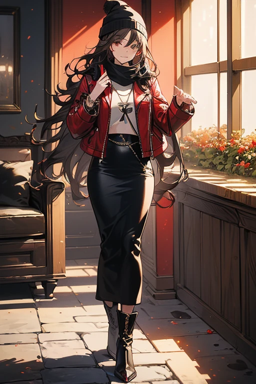 ((masterpiece, best quality, ultra-detailed)), beautiful woman walking through a fall garden, red leather jacket with gray t-shirt, scarf, beanie, bracelet, black maxi pencil skirt, leather boots, full body, long brown hair, wavy hair, fall garden, leaves, night