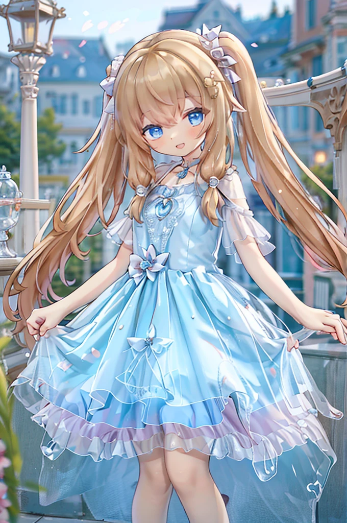 Solo girl, comical, kawaii, Blue eyes, light brown hair, high long twintails, (yellow princess dress 1.5), open mouth smile, , posing, sexy, high-resolution image, masterpiece, high quality, attractive eyes