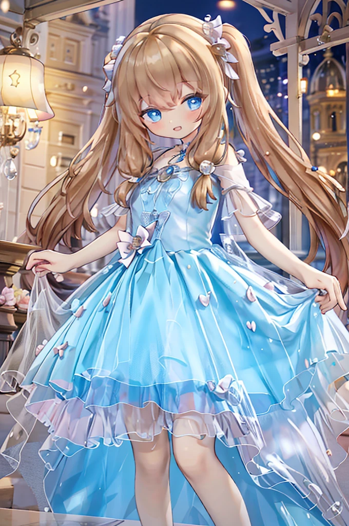 Solo girl, comical, kawaii, Blue eyes, light brown hair, high long twintails, (yellow princess dress 1.5), open mouth smile, , posing, sexy, high-resolution image, masterpiece, high quality, attractive eyes