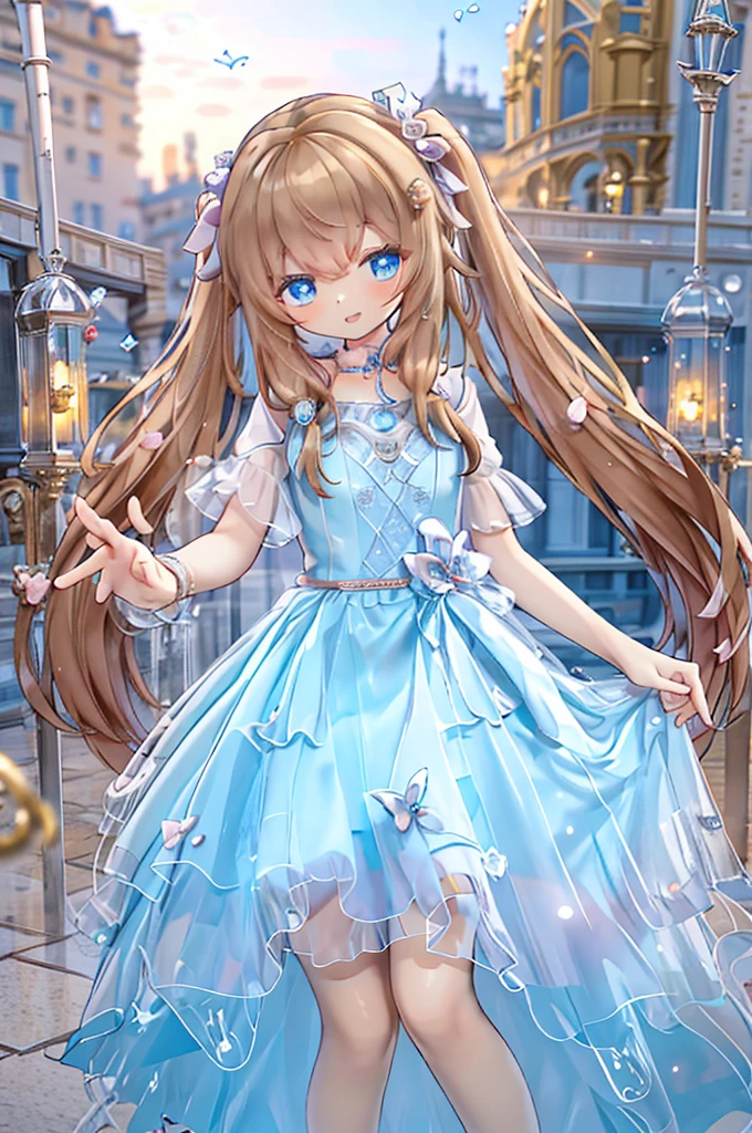 Solo girl, comical, kawaii, Blue eyes, light brown hair, high long twintails, (yellow princess dress 1.5), open mouth smile, , posing, sexy, high-resolution image, masterpiece, high quality, attractive eyes