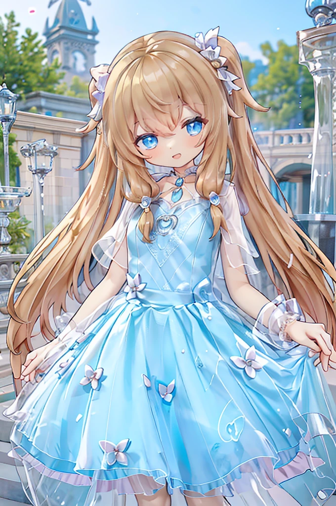 Solo girl, comical, kawaii, Blue eyes, light brown hair, high long twintails, (yellow princess dress 1.5), open mouth smile, , posing, sexy, high-resolution image, masterpiece, high quality, attractive eyes
