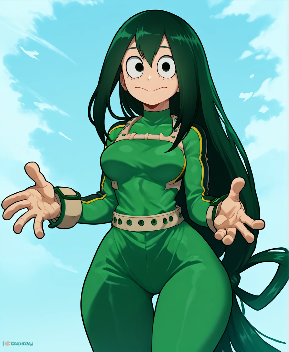 score_9_up, score_8_up, score_7_up, cowboy shot, 1girl, Asui Tsuyu\(boku no hero academia\), green hair, very long hair, low-tied long hair, tied hair, black eyes, wide hips, medium breasts, (torn clothes), (torn suit), (wounds on body), (wounds on face), (nude, nipples, pussy), source_anime, anime style, (destroyed city), (annoyed)