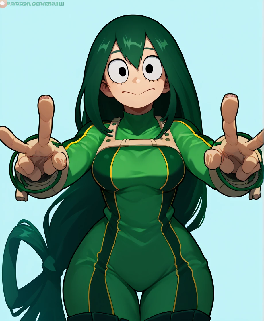 score_9_up, score_8_up, score_7_up, cowboy shot, 1girl, Asui Tsuyu\(boku no hero academia\), green hair, very long hair, low-tied long hair, tied hair, black eyes, wide hips, medium breasts, smiling, 
, source_anime, anime style