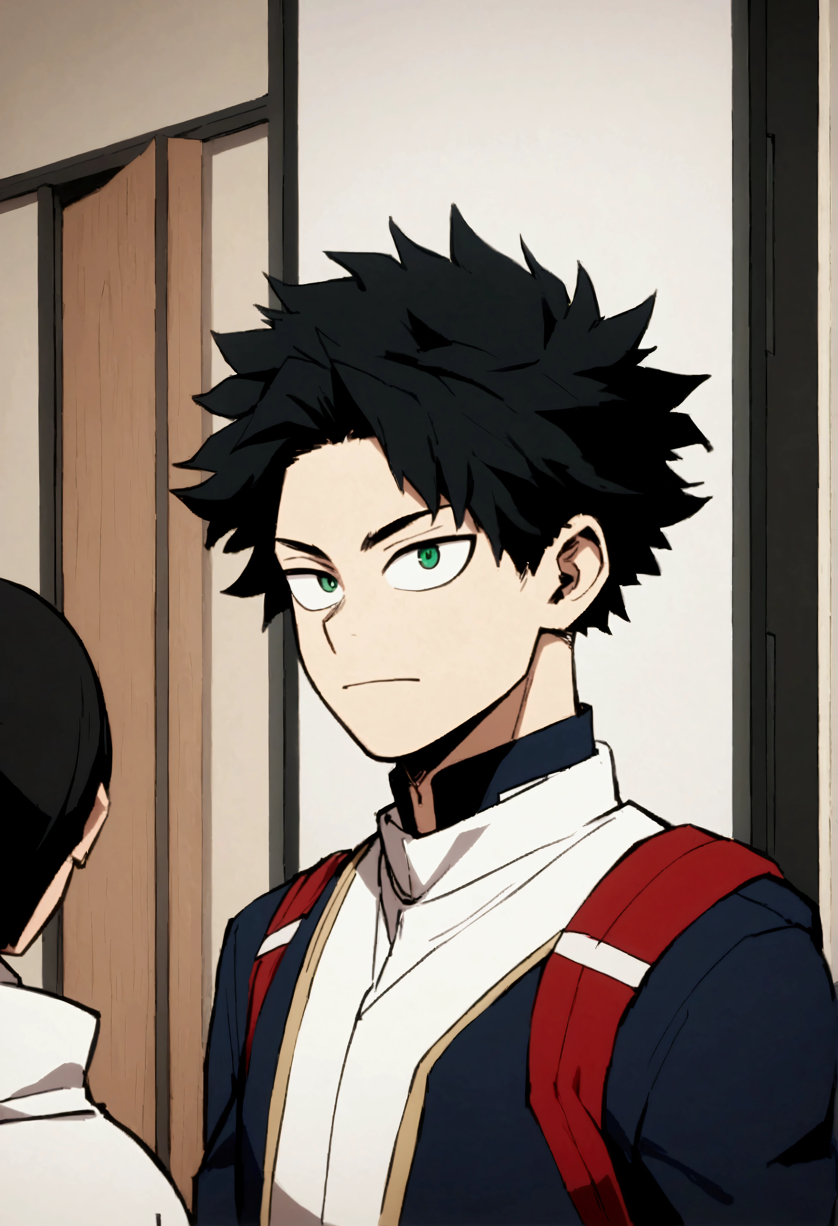 Screenshot of boku no hero academia , beautiful young boy .with strong black hair. Green eyes .wearing Boku no Hero clothes, gentle face, Boku no Hero Style, inside the UA academy, (soul of kindness Undertale/Glichtale)