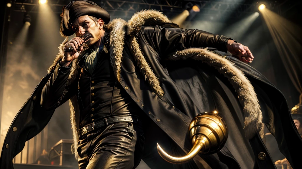 masterpiece, best quality, extremely detailed, hyperrealistic, photorealistic, a cool 40s man, ultra detailed face:1.3, fur-trimmed coat, scarf around the neck, his left hand is a golden pirate hook:1.1, cigar, walking, on stage, colorful stage lighting