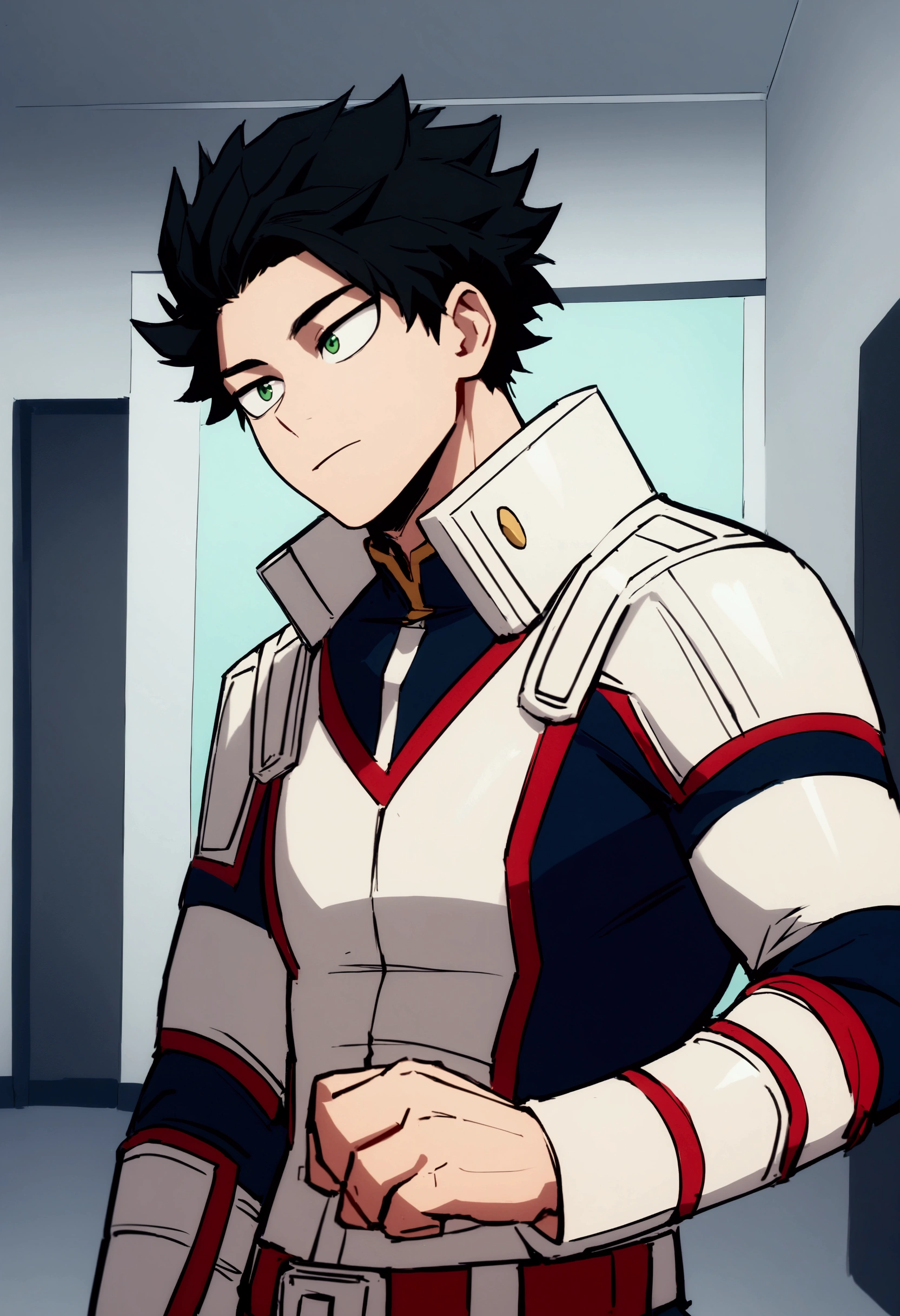 Screenshot of boku no hero academia , beautiful young boy .with strong black hair. Green eyes .wearing Boku no Hero clothes, gentle face, Boku no Hero Style, inside the UA academy, (soul of kindness Undertale/Glichtale)