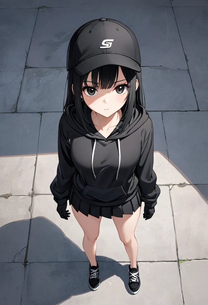 Black miniskirt , Black sneakers , Black hoodie , pleated skirt , whole body , thighs , black hair , black eyes , straight hair , black ball cap , long sleeves , bare legs , View from above , Black gloves , standing posture