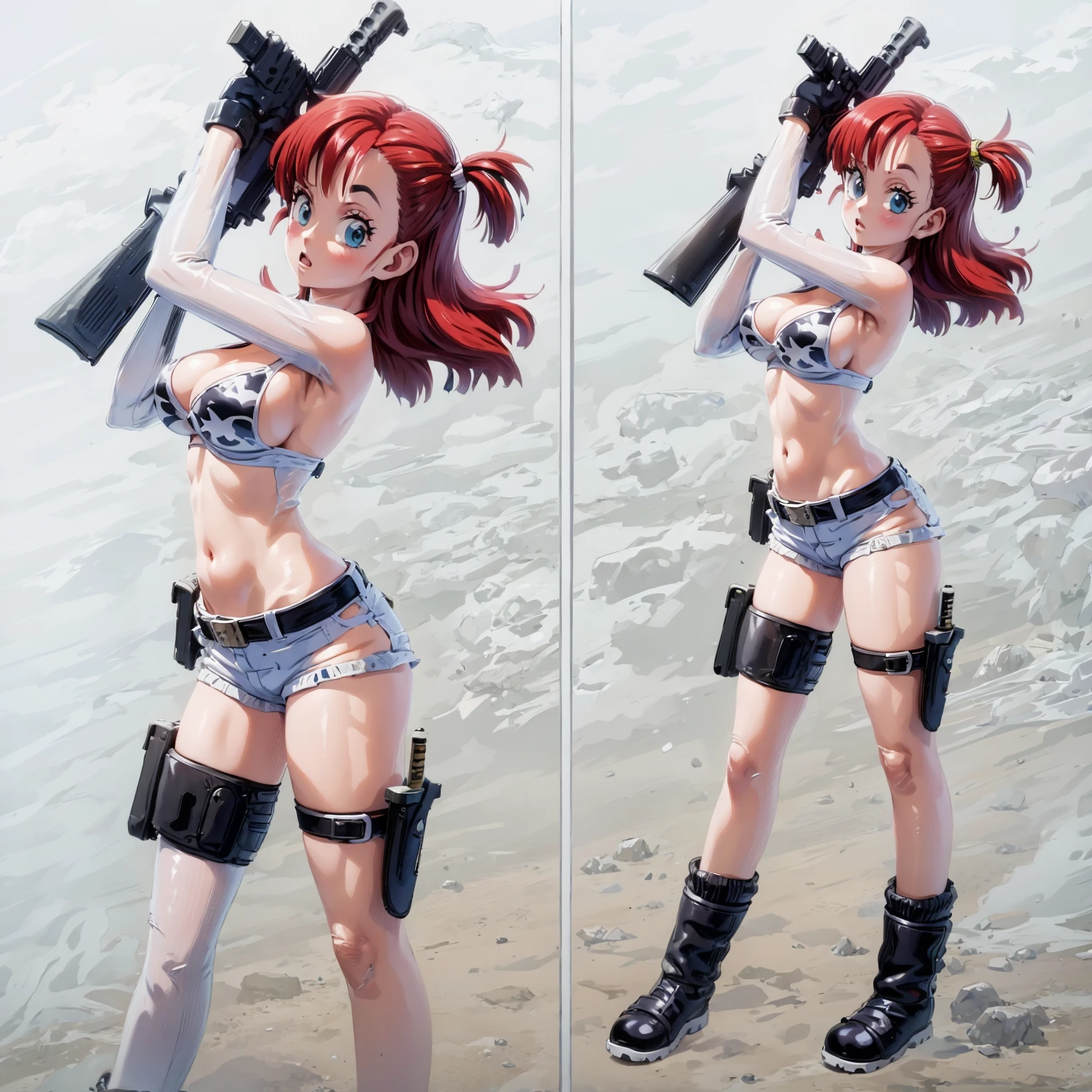 1girl, solo, gun, weapon, shorts, swimsuit, bulma, holster, boots, bikini, red hair, gloves, breasts, one side up, bikini top only, shorts, thigh holster, shorts, short shorts, cleavage, navel, medium breasts, handgun, full body, long hair, midriff, belt, thigh strap，(see through)