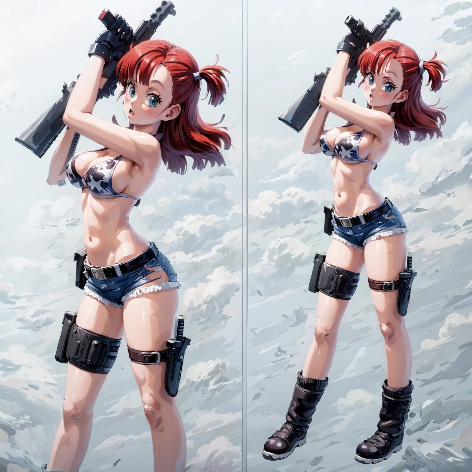 1girl, solo, gun, weapon, shorts, swimsuit, bulma, holster, boots, bikini, red hair, gloves, breasts, one side up, bikini top only, shorts, thigh holster, shorts, short shorts, cleavage, navel, medium breasts, handgun, full body, long hair, midriff, belt, thigh strap，(see through)