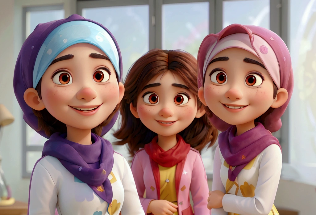 masterpiece, best quality,pixar: Successful malay female sport,smiling, wearing sport hijab and baju kurung with girls team,a moment of pure relaxation,swirly vibrant colors,soft, natural lighting,smooth bokeh effect,oil painting style,Romantic Inspiration,exceptional clarity and sharpness PIXAR style