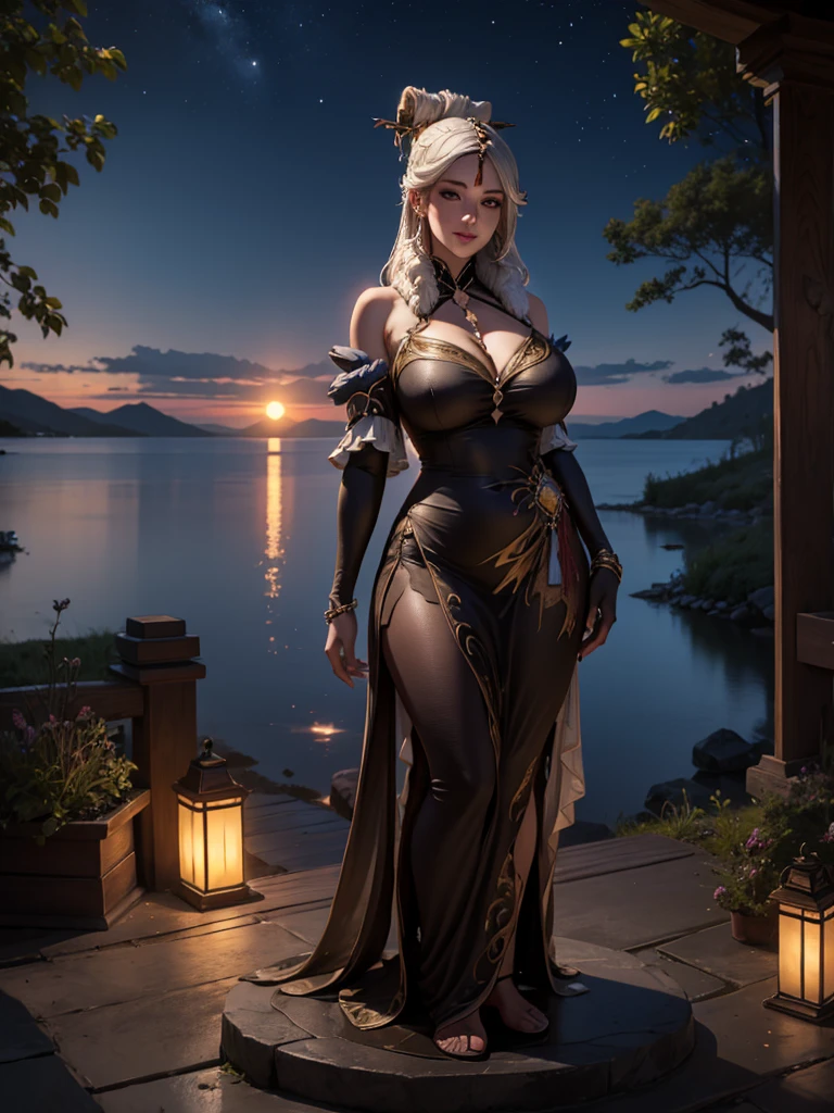 A statue of a loving mother,Large V neckline,Showing ,Showing breastslake landscape