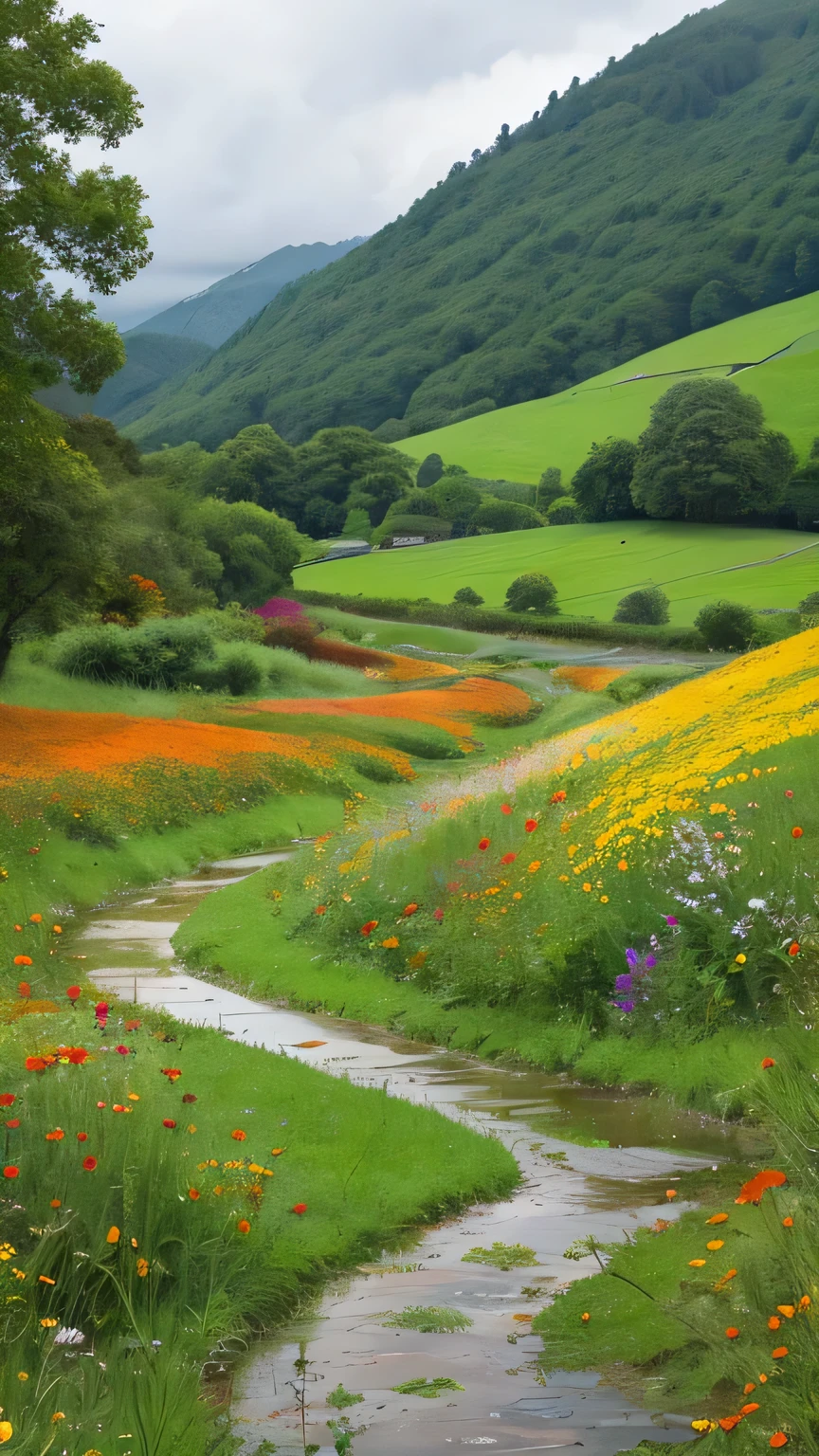 I will draw a peaceful rural scene with a gentle summer rain. A cozy cottage with a red roof、big, Lush tree. The sky is dramatic, Rolling clouds in vibrant shades of orange and yellow, Illuminated by the sunlight streaming in, It creates a striking contrast with the deep blue rain clouds.. Arrow, A winding path leads to the cottage, Surrounded by vibrant red and orange wildflowers, Lush green grass. There are small puddles along the road due to the rain.。The overall atmosphere is serene and picturesque.。, Nature and tranquility in harmony, To enhance the vividness and appeal of the landscape、Painted in highly saturated colors