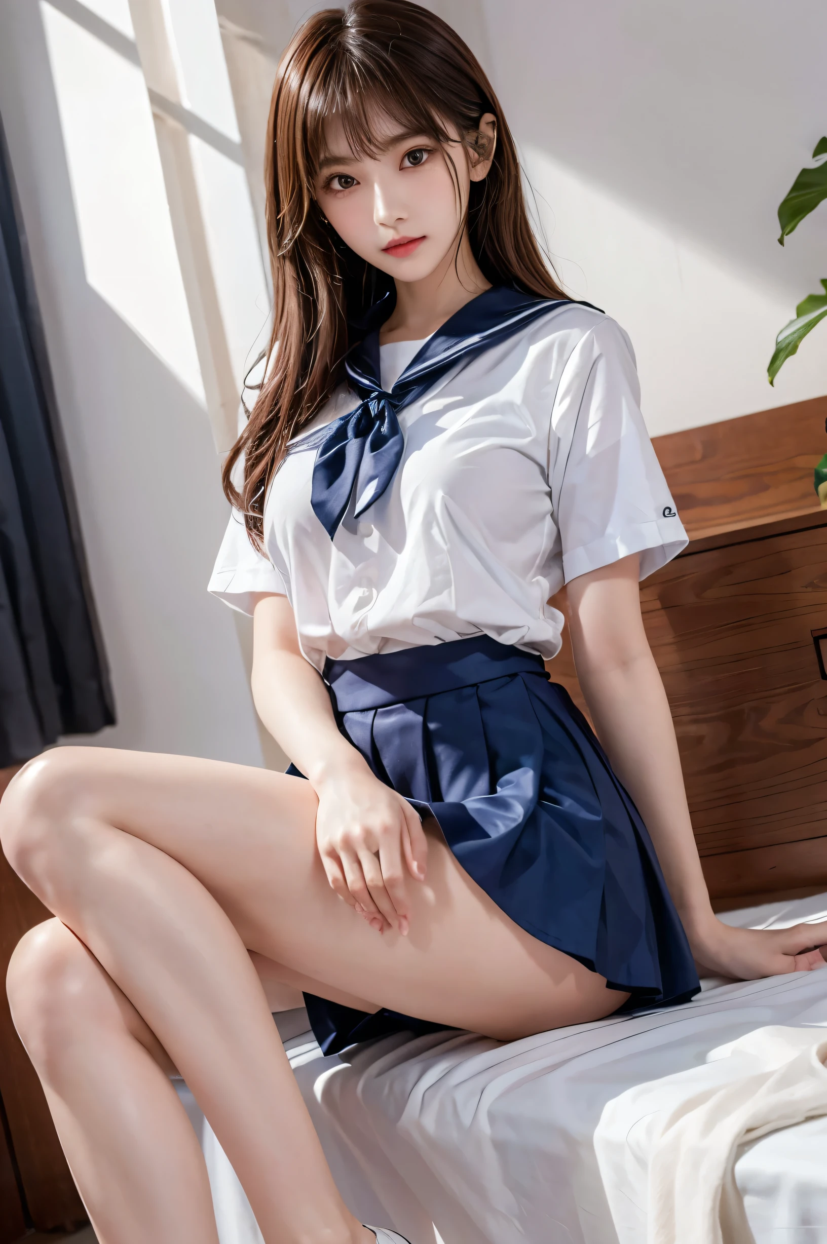 (ultra HD), (White short-sleeved sailor suit, Navy blue mini skirt, Tight fit), Big Breasts, Slender, whole body, (Clean and shiny skin, Whitening, No makeup), (超Slenderな顔立ち, Super beautiful face, Delicate face), (long hair, Layered Cut, Fluffy hair,light brown), (Patchy double eyelids, Slanted Eyes), Small Nose, Thin lips, Thin legs, Schoolyard