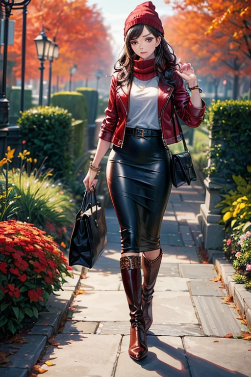 ((masterpiece, best quality, ultra-detailed)), beautiful woman walking through a fall garden, red leather jacket with gray t-shirt, scarf, beanie, bracelet, black maxi pencil skirt, leather boots, full body, long brown hair, wavy hair, fall garden, leaves, night