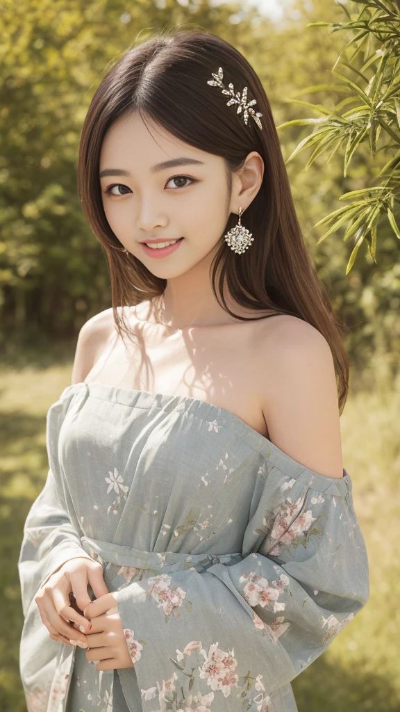 Smile, Looking at the audience, Hair accessories, Japanese clothes, side , Separate sleeves, Wide sleeves, Jewelry, earrings, Bare shoulders, 1 Girl, windy, outdoors, Digital SLR Camera, Bokeh, outdoor, Grass, Trees, evergreen, Sunlight, Sunlight, detailed, Ultra Detailed, high resolution, best quality, masterpiece, light,