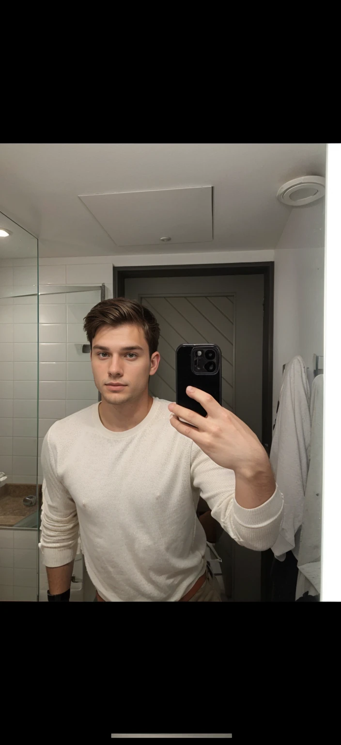 22 year old tall somewhat fit man with short wavy brown hair taking a mirror selfie.