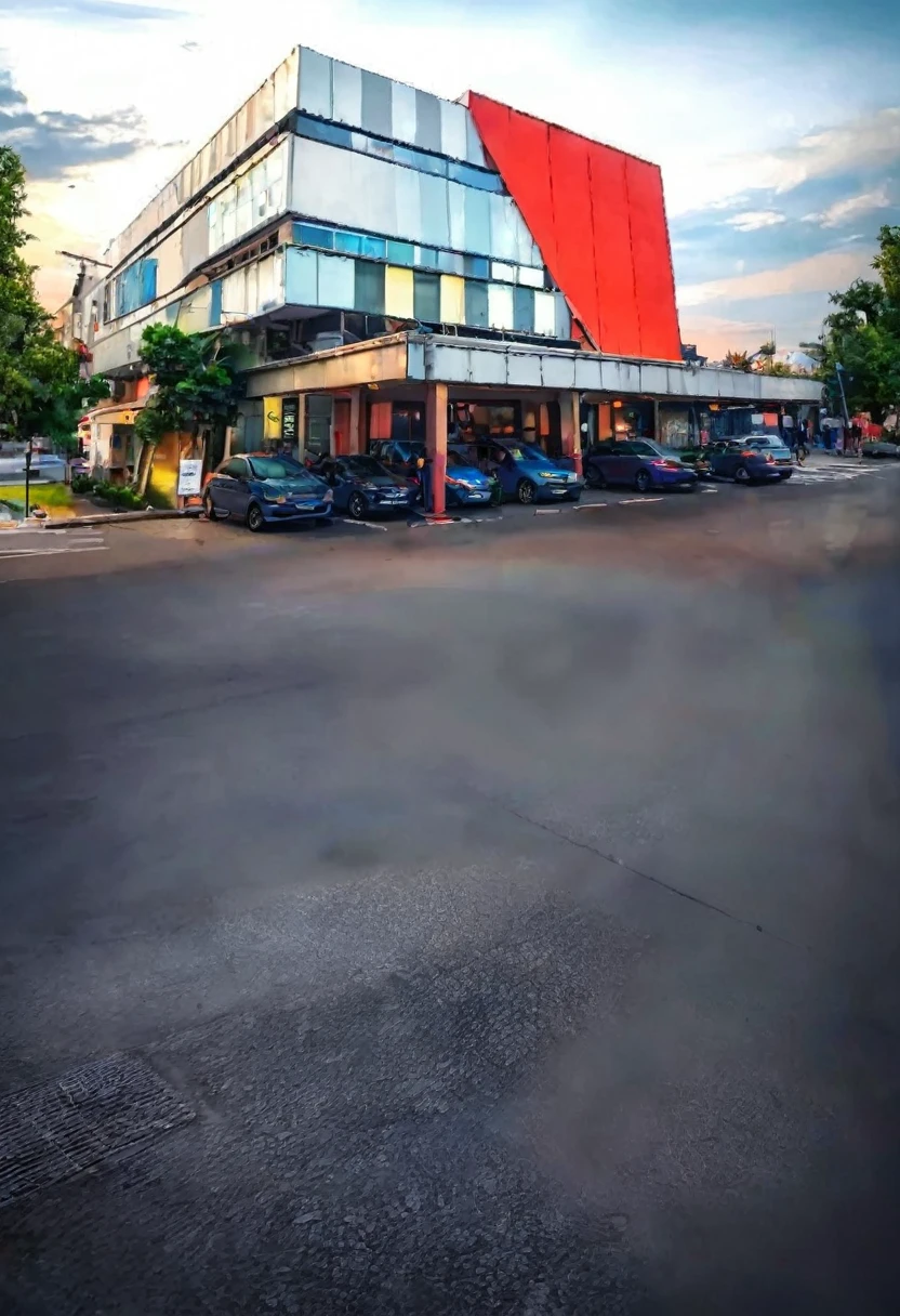 there is a red and white building with a red awning, street top view, street perspective, street level view, hdr shot, parking in the street, street corner, city street view background, interesting angle, restaurant in background, hdr photo, discovered photo, perspective shot, mid-view, soft filmic tonemapping, real image