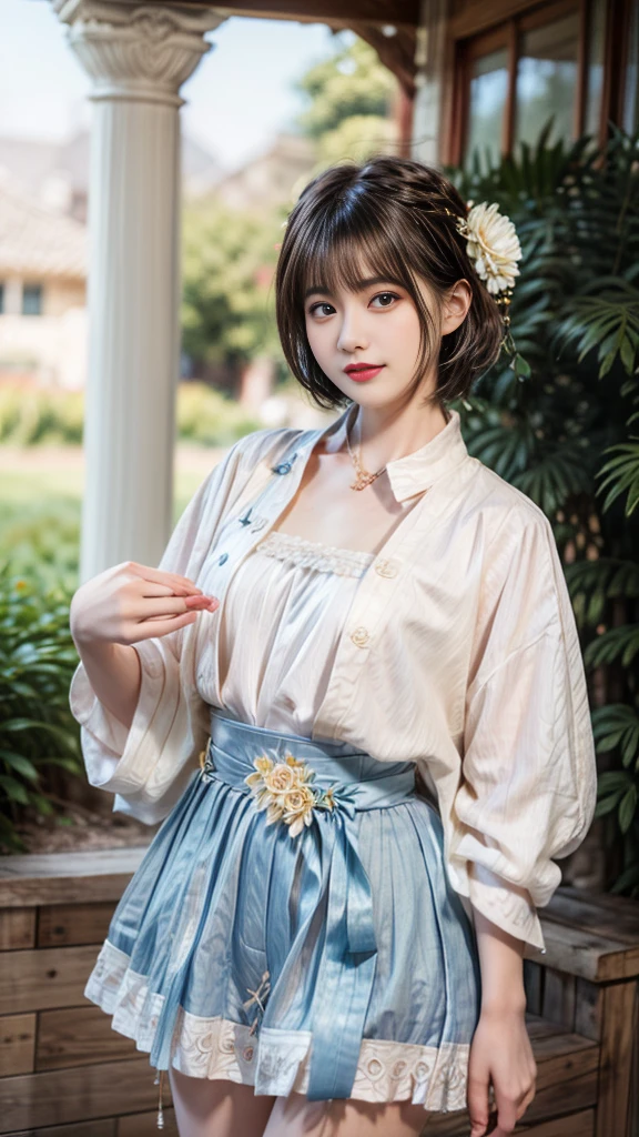 (20-year-old female,Flower Clothing), (Surrealism), (high resolution), ((Beautiful Hairstyle 46)), ((short hair:1.46)), (Gentle smile), (Chested:1.1), (Lipstick)，miniskirt，belt，garden，