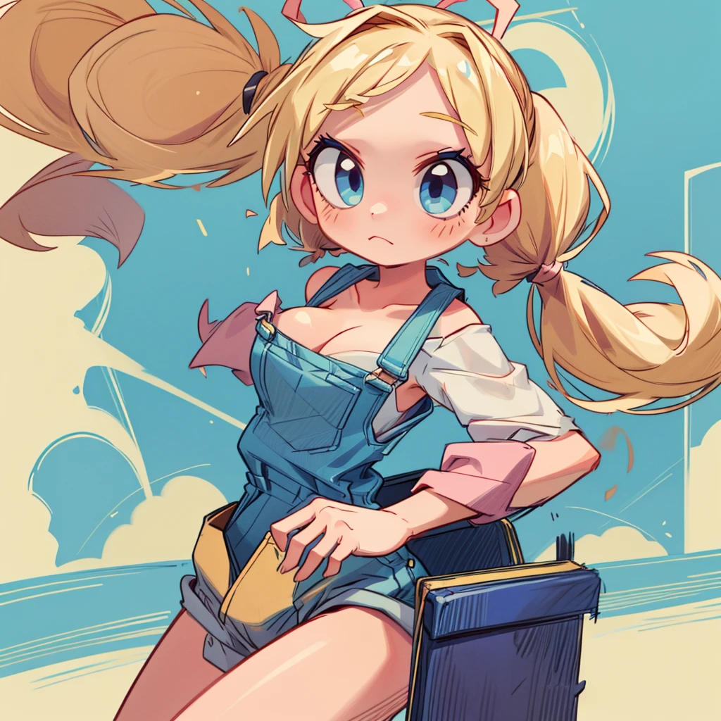 masterpiece, beautiful, 4k, detailed, intricate details, , , overalls, jean overalls, cuffed overalls, blonde hair, long blonde pigtails, long flowing pigtails, soft blue eyes, soft smile, slight smile, 1girl, shirtless, overalls over skin, bare shoulders, bare sleeves, bare arms, medium sized breasts, cleavage, cleavage behind overalls, facing forward, side cut, torso shown, leaning forward, down blouse, cleavage