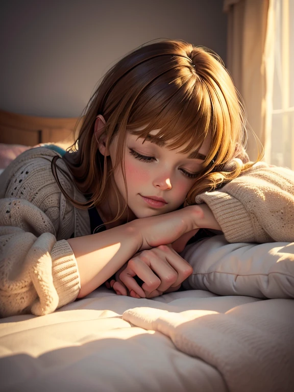 a girl sleeping on a white bed, soft bedding, peaceful, relaxing, serene, tranquil, (best quality,4k,8k,highres,masterpiece:1.2),ultra-detailed,(realistic,photorealistic,photo-realistic:1.37),HDR,UHD,studio lighting,ultra-fine painting,sharp focus,physically-based rendering,extreme detail description,professional,vivid colors,bokeh,peaceful bedroom interior,warm lighting,cozy atmosphere