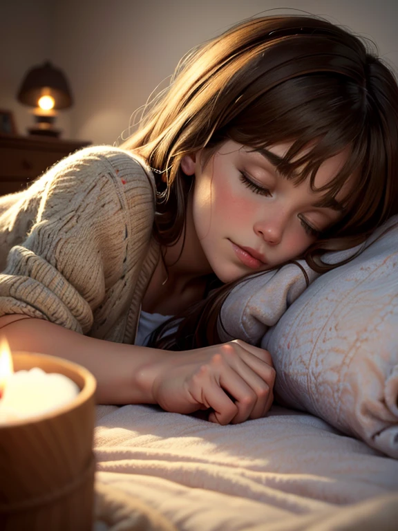 a girl sleeping on a white bed, soft bedding, peaceful, relaxing, serene, tranquil, (best quality,4k,8k,highres,masterpiece:1.2),ultra-detailed,(realistic,photorealistic,photo-realistic:1.37),HDR,UHD,studio lighting,ultra-fine painting,sharp focus,physically-based rendering,extreme detail description,professional,vivid colors,bokeh,peaceful bedroom interior,warm lighting,cozy atmosphere