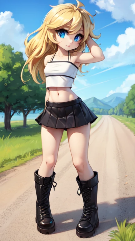 White tube top, white felt miniskirt, blonde medium wave hair, narrow eyes, blue eyes, countryside, wear black boots, wear outdoors, blue sky, all body view.