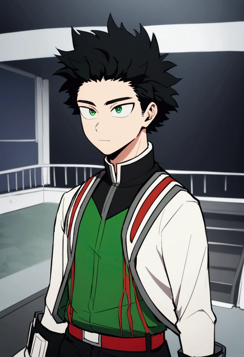 Screenshot of boku no hero academia , beautiful young boy .with strong black hair. Green eyes .wearing Boku no Hero clothes, gentle face, Boku no Hero Style, inside the UA academy, (soul of kindness Undertale/Glichtale), green power