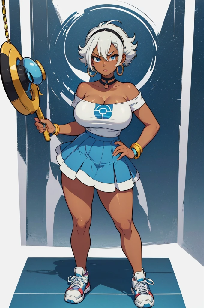 (masterpiece, best quality, high resolution, (pokemon style) ((huge breasts)) 1 girl, very short white hair, afro, light blue eyes, strapless t-shirt, miniskirt, long stockings, sneakers, ((dark skin )), bracelets, hoop earrings, choker,(white background,)), ((full body standing)),