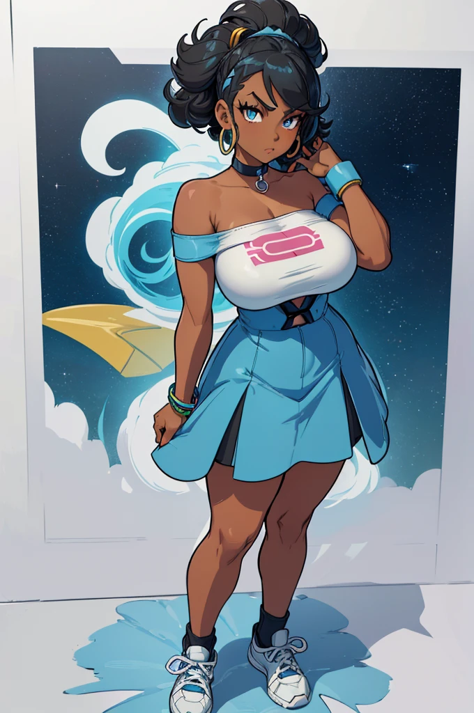 (masterpiece, best quality, high resolution, (pokemon style) ((huge breasts)) 1 girl, very short white hair, afro, light blue eyes, strapless t-shirt, miniskirt, long stockings, sneakers, ((dark skin )), bracelets, hoop earrings, choker,(white background,)), ((full body standing)),
