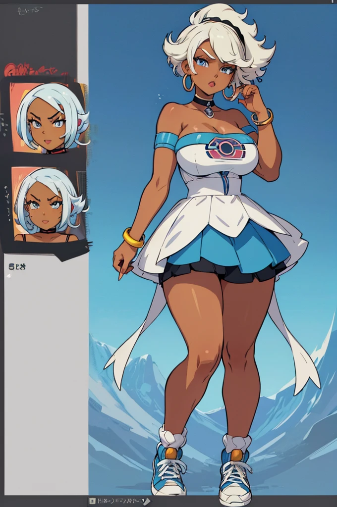 (masterpiece, best quality, high resolution, (pokemon style) ((huge breasts)) 1 girl, very short white hair, afro, light blue eyes, strapless t-shirt, miniskirt, long stockings, sneakers, ((dark skin )), bracelets, hoop earrings, choker,(white background,)), ((full body standing)),
