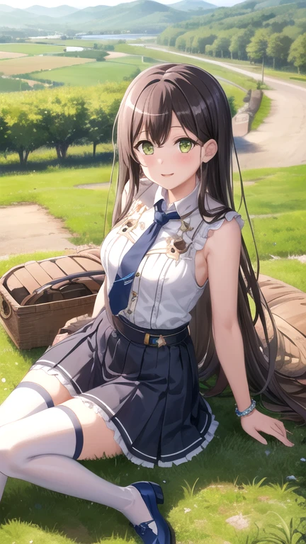 ((masterpiece)), (best quality), official art, extremely detailed CG, unity 8k wallpaper, ultra detailed, highly detailed, detailed background, vivid color,
1girl, tae,black hair,long hair,green eyes, 
skirt, shirt, thighhighs, bow, white shirt, pleated skirt, frills, necktie, sleeveless, collared shirt, belt, miniskirt, star symbol, bracelet, blue skirt, zettai ryouiki, sleeveless shirt, blue bow, blue footwear,  
Leaning back, arms folded, vineyard, sprawling countryside, terraced slopes, winery, 
 