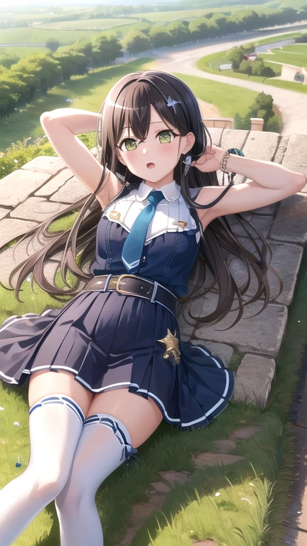 ((masterpiece)), (best quality), official art, extremely detailed CG, unity 8k wallpaper, ultra detailed, highly detailed, detailed background, vivid color,
1girl, tae,black hair,long hair,green eyes, 
skirt, shirt, thighhighs, bow, white shirt, pleated skirt, frills, necktie, sleeveless, collared shirt, belt, miniskirt, star symbol, bracelet, blue skirt, zettai ryouiki, sleeveless shirt, blue bow, blue footwear,  
Leaning back, arms folded, vineyard, sprawling countryside, terraced slopes, winery, 
 