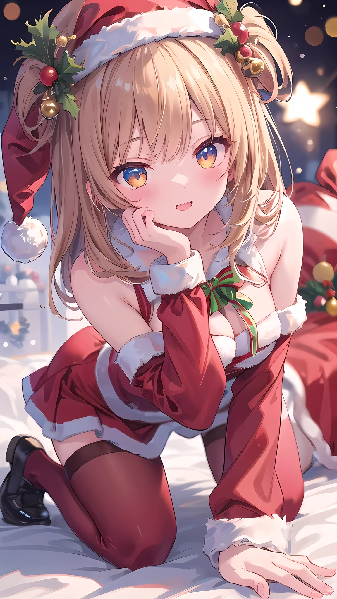 (8k, best quality, master piece: 1.2),super high resolution,1 girl, solo, all fours, hands on ground , ultra-detailed face, Santa costume、skirt、Random hair color、one's home、(bed)、Midnight、Out of the window、Starry Sky, Collarbone, Ecstatic expression, (pussy juice),