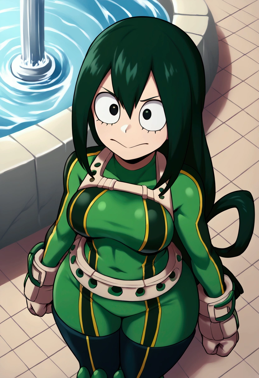 score_9_above, score_8_above, score_7_above, cowboy shot, 1 girl, asui tsuyu\(Boku no hero academia\), green fur, very long hair, Long hair tied low, tied hair, black eyes, Wide hips, medium breasts, smiling, (torn clothes), fountain_cheered up, cheered up style, (destroyer city), (angry)