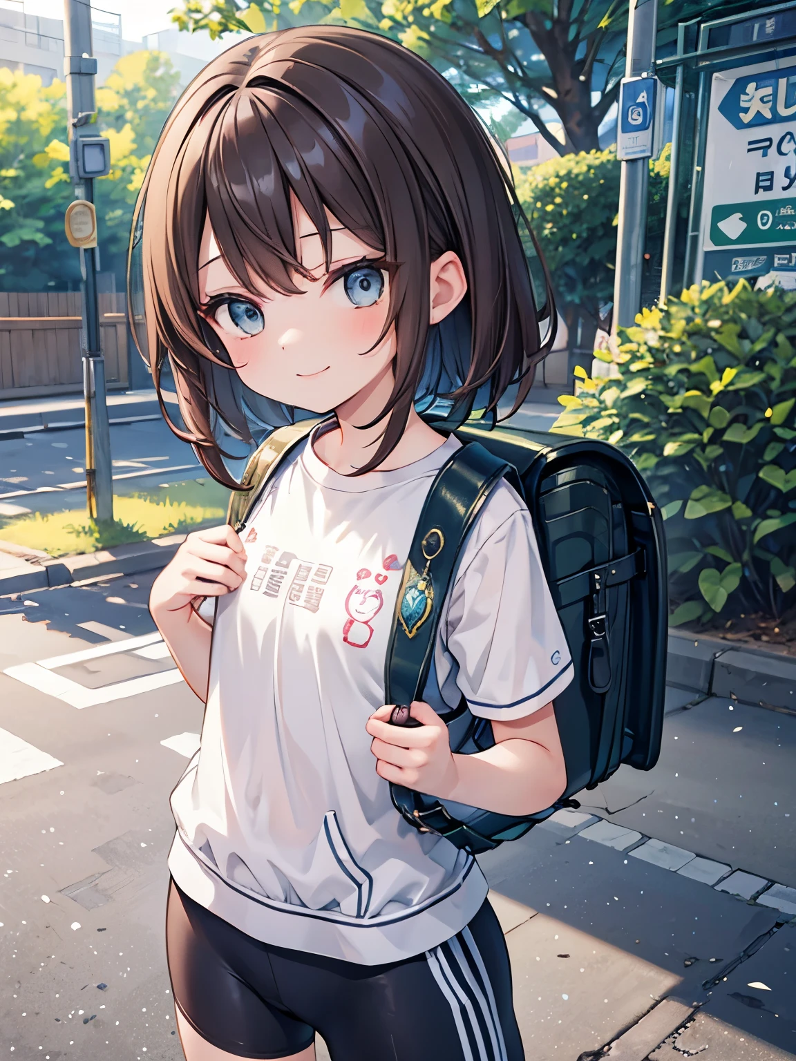 Masterpiece, hd, 1girl, best quality, brown hair, medium hair, smile, wear casual outfit, ride a bicycle, (bicycle:1.2), wearing randoseru backpack, (backpack:1.2), outdoor, park