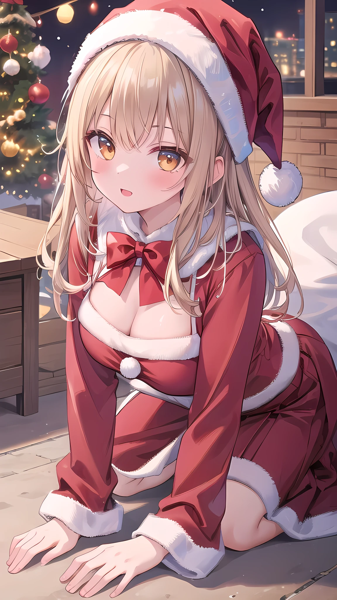 (8k, best quality, master piece: 1.2),super high resolution,1 girl, solo, all fours, hands on ground , ultra-detailed face, Santa costume、skirt、Random hair color、one's home、(bed)、Midnight、Out of the window、Starry Sky, Collarbone, Ecstatic expression, (pussy juice),