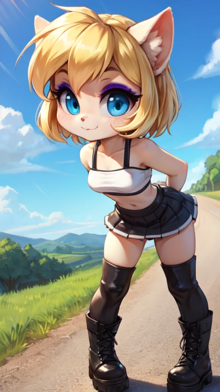 White tube top, white felt miniskirt, FOCUS CUTE FACE, CUTE MAKEUP, blonde medium wave hair, narrow eyes, blue eyes, countryside, wear black boots, wear outdoors, blue sky, all body view.