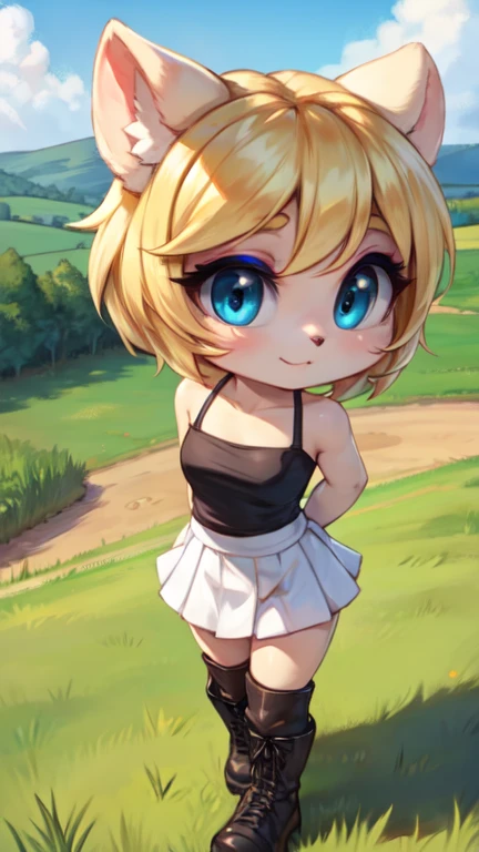 White tube top, white felt miniskirt, FOCUS CUTE FACE, CUTE MAKEUP, blonde medium wave hair, narrow eyes, blue eyes, countryside, wear black boots, wear outdoors, blue sky, all body view.