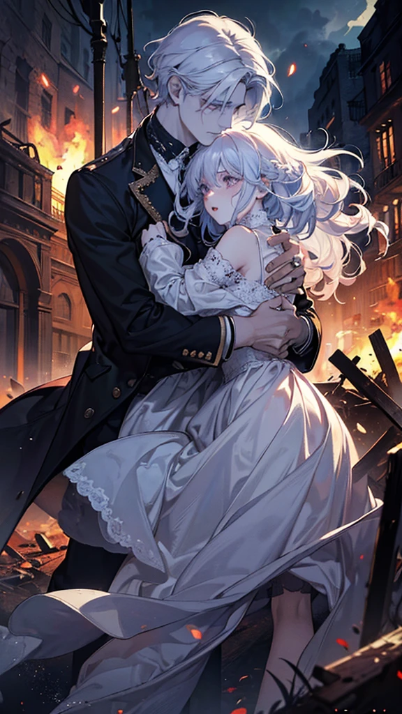 (Masterpiece, Ultra Hd), (Detailed), (Novel Illustrasion) A handsome man with white hair cries blood while embracing a woman with curly hair who is no longer there, Battlefield, a desperate man, a ruined place, burning buildings, chaos everywhere.