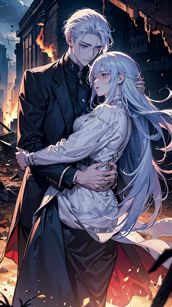 (Masterpiece, Ultra Hd), (Detailed), (Novel Illustrasion) A handsome man with white hair cries blood while embracing a woman with curly hair who is no longer there, Battlefield, a desperate man, a ruined place, burning buildings, chaos everywhere.