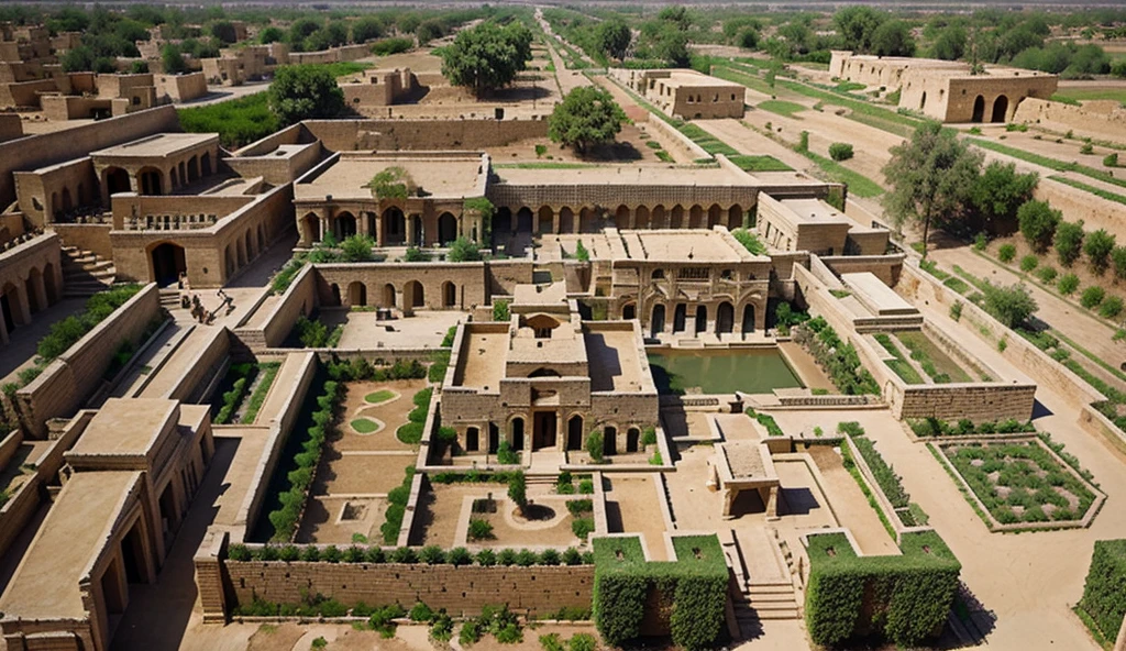 Mesopotamian city plan There is the Hanging Gardens of Babylon, viewed from above, post-historic era. There are a lot of trees and rocks. Chaldean Empire There are houses and communities around the Hanging Gardens of Babylon.