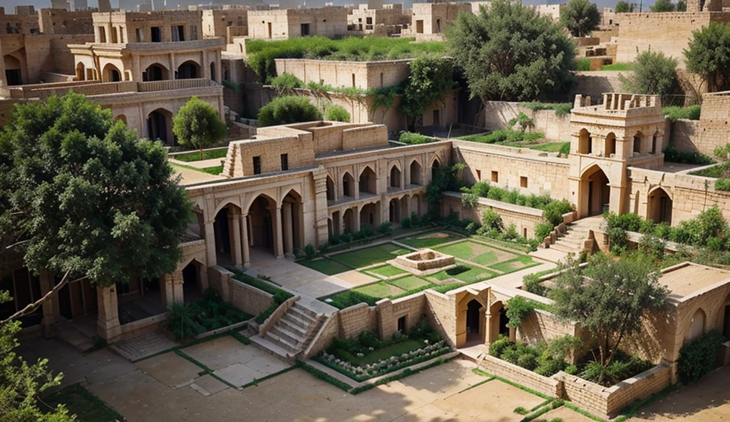 Mesopotamian city plan There is the Hanging Gardens of Babylon, viewed from above, post-historic era. There are a lot of trees and rocks. Chaldean Empire There are houses and communities around the Hanging Gardens of Babylon.