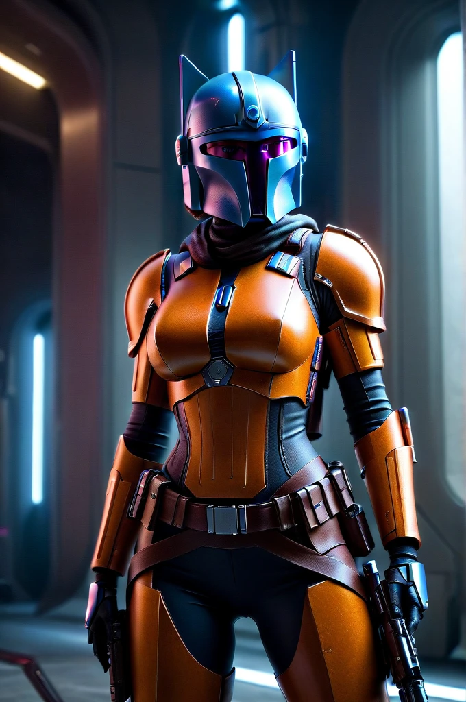 A ((female Twi'lek ))Mandalorian, detailed futuristic armor, intricate helmet, jetpack, blaster rifle, epic pose, dramatic lighting, gritty sci-fi atmosphere, cinematic, dramatic colors, highly detailed, 8k, photorealistic, masterpiece female Twi'lek