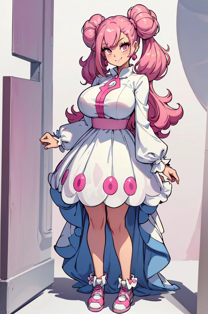 (masterpiece, best quality, high resolution, (pokemon style) ((huge breasts)) 1 girl, pink hair tied in curly pigtails, pink eyes, very long-sleeved white dress cute, earrings, very cute white shoes, smile ( (white background,)), ((full body standing)),