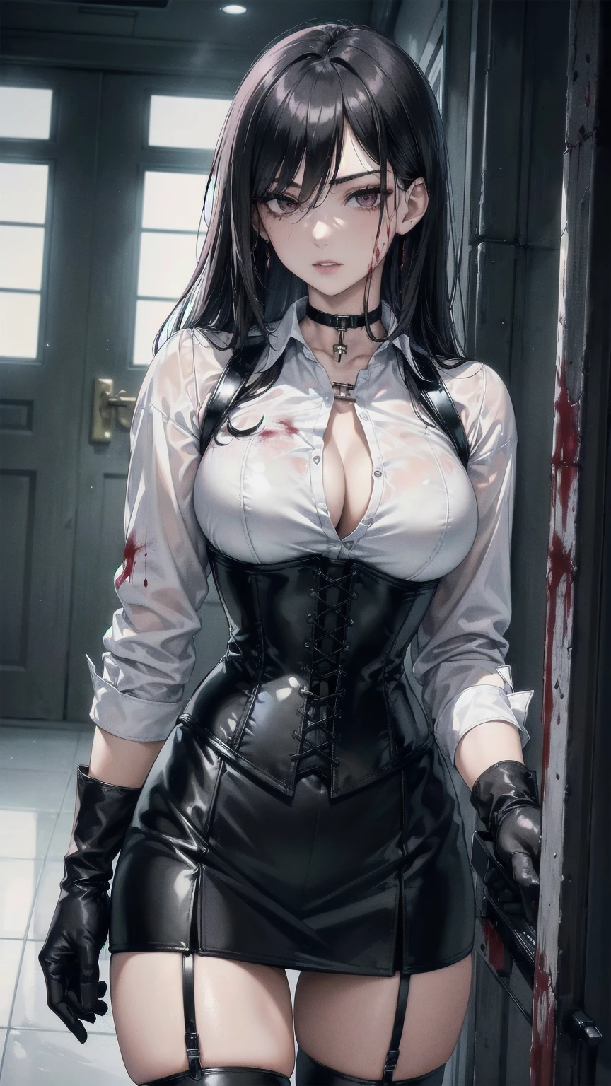 ((blood droplets)), ((blood)), ((blood splatter)), ((blood on clothes)), ((blood stain)), Masterpiece, Beautiful art, professional artist, 8k, tired expression, showing teeth slightly, very detailed face, Detailed clothing, detailed fabric, 1 girl, View from above, lying on the ground, BIG BREASTS, perfectly drawn body, , pale skin, tired expression, beautiful face, long black hair, 4k eyes, very detailed eyes, pink cheeks, choker:1.6, (white long sleeve button down shirt with white collar), black gloves, gloves that cover hands, (holds an ax with his right hand), (black leather corset), (shiny black leggings), (Black leather boots), Sensual Lips, show details in the eyes, dark forest, Atmosphere, fog, At night
