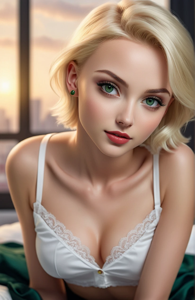 blond woman with short wavy hair, ((wearing black lingerie)), posing for a picture, blonde short wavy hair, short blonde hair, short blond hair, short blond hair, blonde and attractive features, blond bob haircut, a gorgeous blonde, medium short hair, short curly blonde haired girl, with short hair, a girl with blonde hair, short wavy blonde hair with bangs.  ((Deep green eyes, extremely long eyelashes)).  Make-up. Kelly Von East.  Edgsdress.  Wearing edgsdress.   