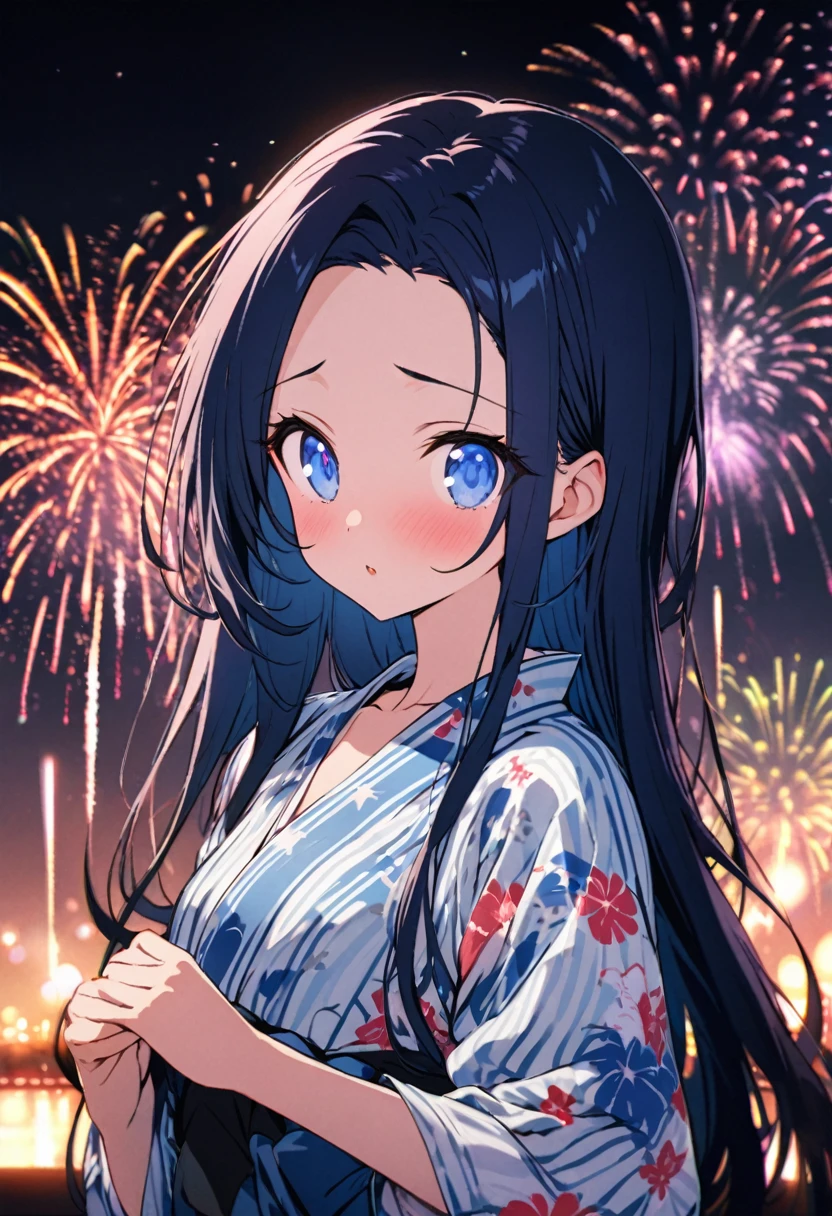 (immensely beautiful many fireworks), (double exposure:1.4 Heart Shape fireworks:1.2 in her's eyes pupil), (a forehead blue hair long hair cute girl, in a exposure yukata, small tits), BREAK, 16k, beautiful detailed silhouette.