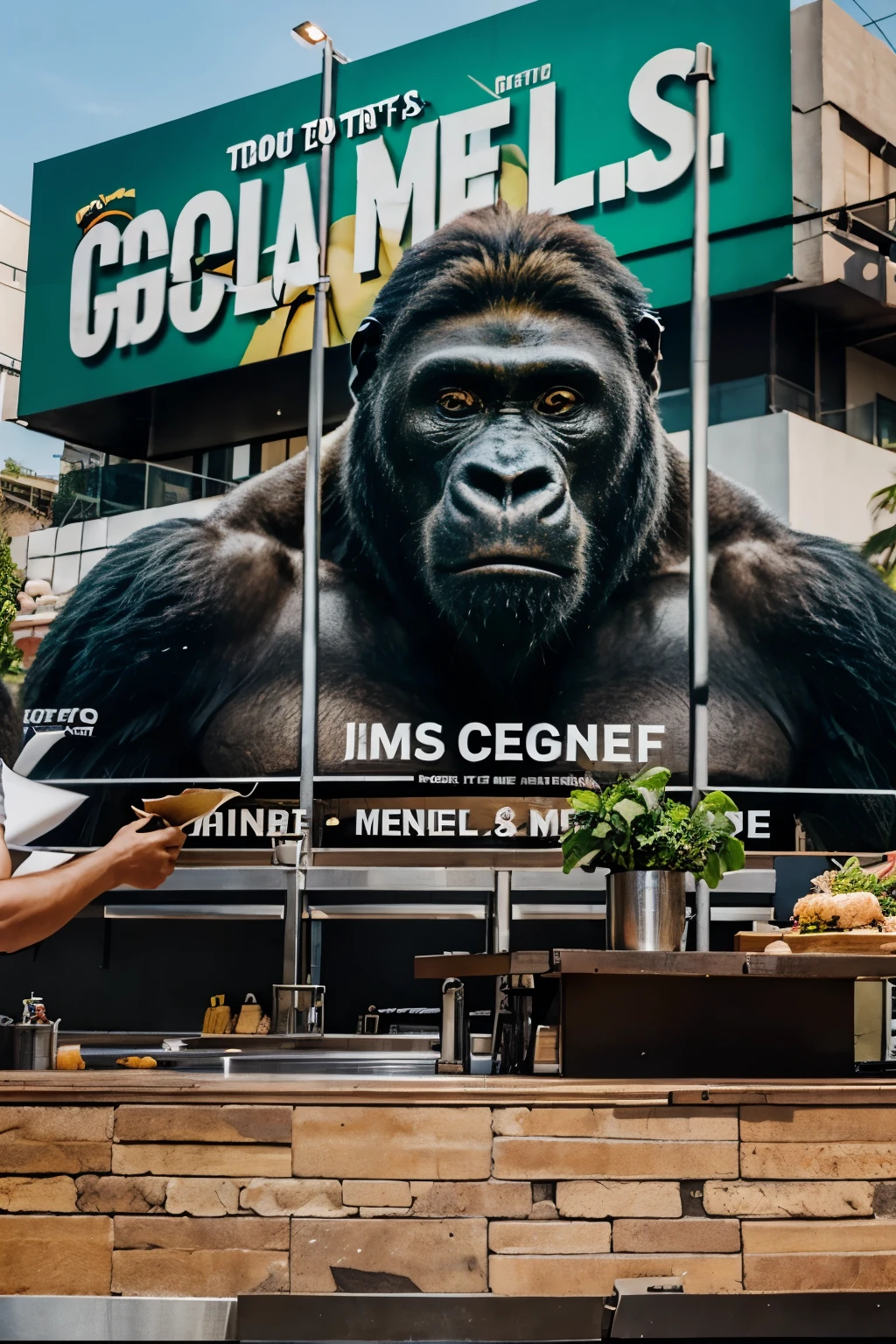 Create a restaurant menu billboard with a jungle theme and make the menu cover the face of a gorilla with a chef&#39;s hat